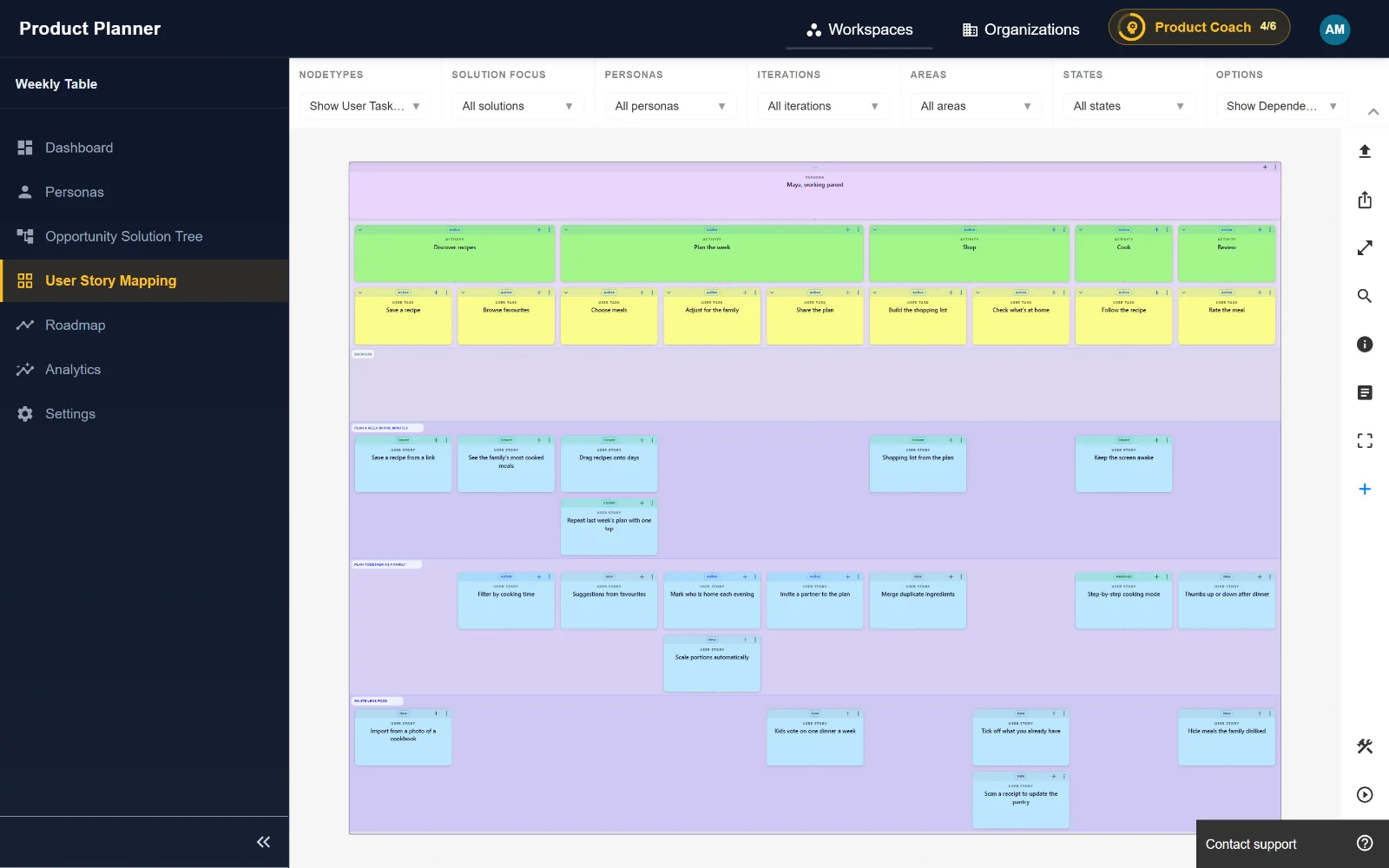 User story map in Product Planner: activities and user tasks across the top, stories in release slices below
